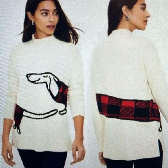 Loft Dachshund Dog Buffalo Plaid Sweater Size Medium Petite MP - Picture 1 of 15